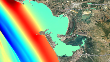 Imagen de una simulación de la llegada a Cádiz de las olas de un maremoto como el de 1755.