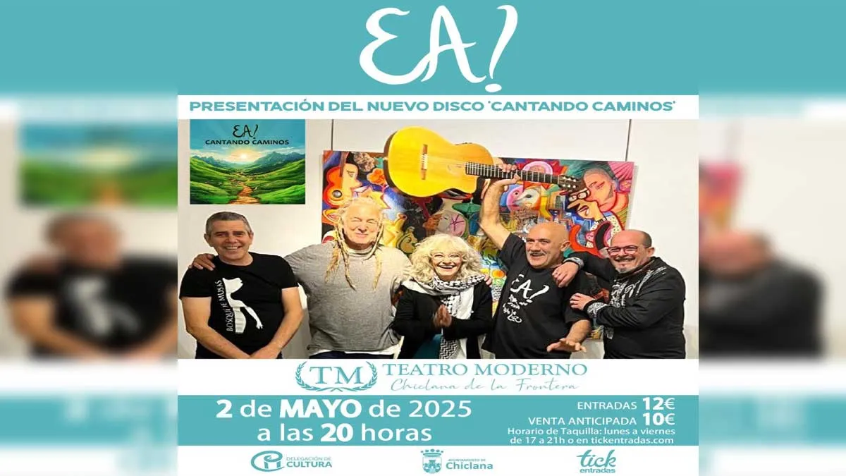 Integrantes de EA! sonrientes dentro del marco de la presentación de su nuevo disco. Predominan los tonos turquesa.