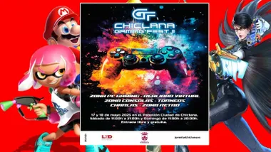 Fondo rojo con Mario Bros, Sonic y el cartel del Gaming Fest de Chiclana con predominio de los tonos negros.