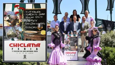 El alcalde de Chiclana junto al autor del cartel y el delegado así como una chicas vestidas de flamenca en el templete, a la izquierda el cartel 2025.