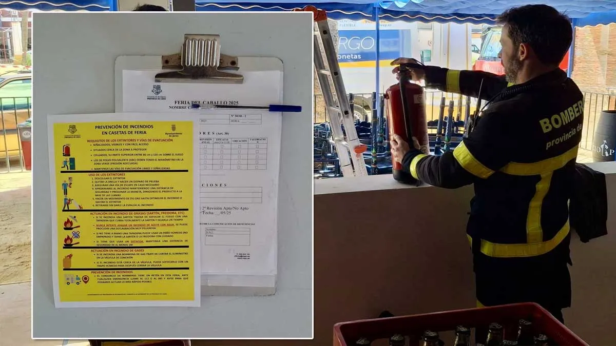 Un bombero comprueba un extintor rojo en una caseta, a su izquierda observaciones y consejos, este con fondo amarillo.