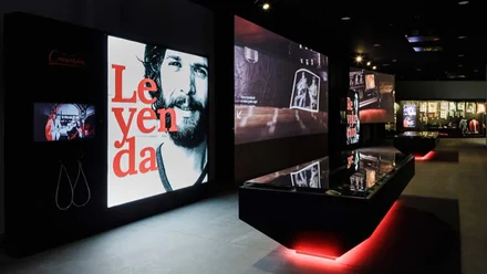 Imagen de Camarón de la Isla en un panel dentro del Museo, destacan los tonos negros y rojos.