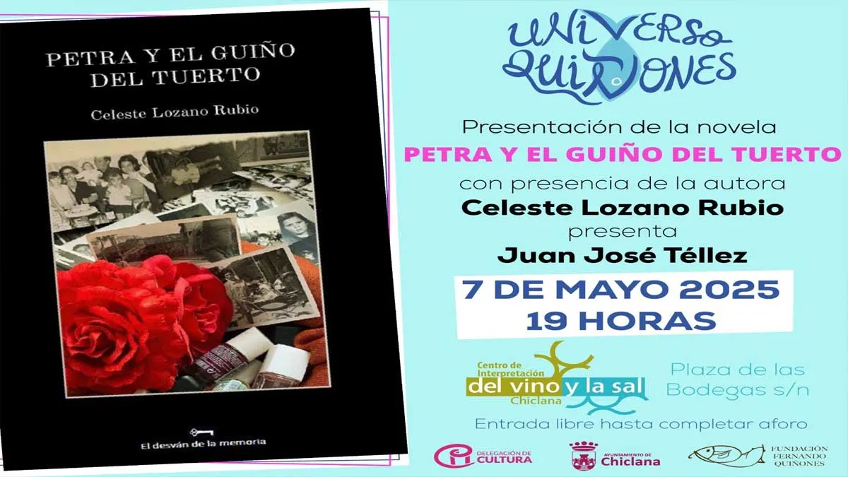 Cartel del evento, el libro destaca en fondo negro y este, a su vez, sobre fondo color celeste. "Petra y el guiño del tuerto".