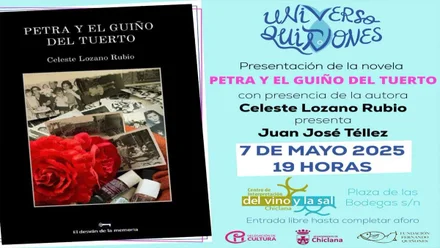 Cartel del evento, el libro destaca en fondo negro y este, a su vez, sobre fondo color celeste. "Petra y el guiño del tuerto".