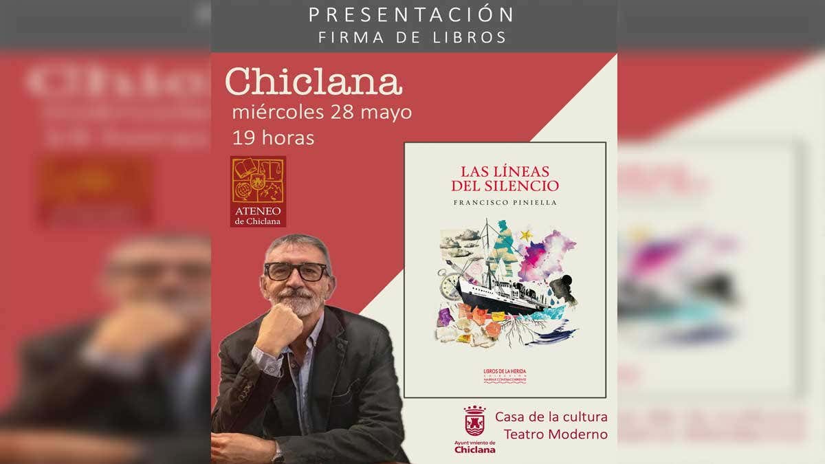 El autor y la portada del libro en el cartel, destacan los tonos rojizos y beige.