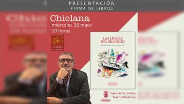 El autor y la portada del libro en el cartel, destacan los tonos rojizos y beige.