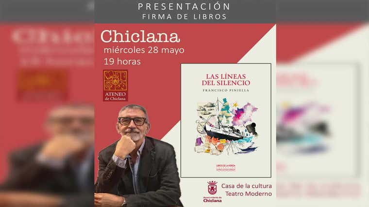 El autor y la portada del libro en el cartel, destacan los tonos rojizos y beige.