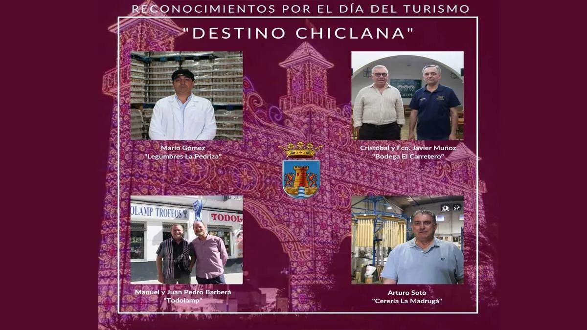 Cuatro empresas ganadoras de "Destino Chiclana" en un cartel en el que predomina el tono morado.