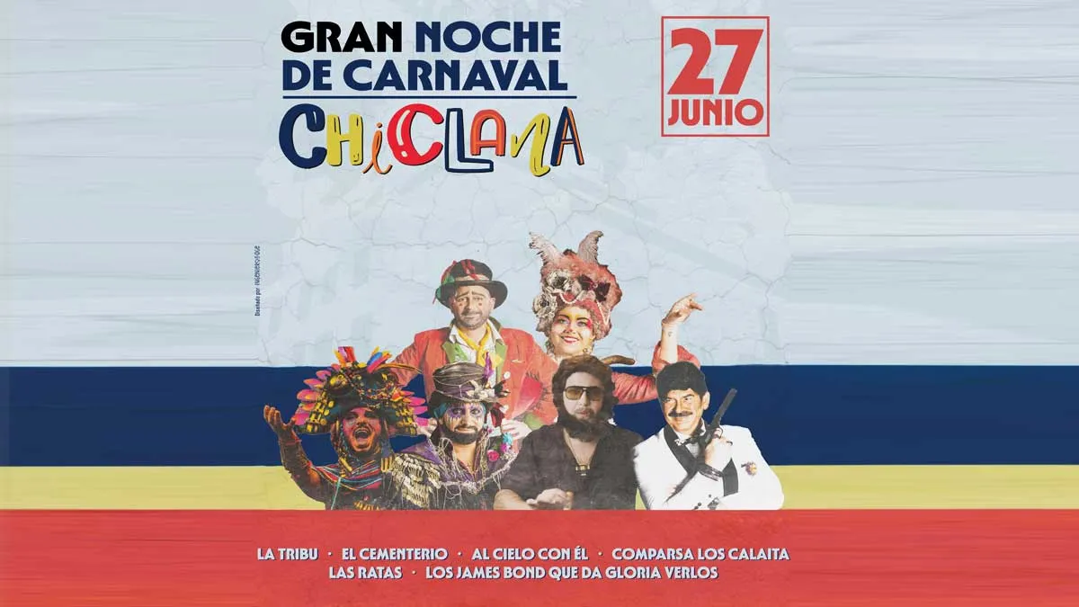 Cartel del evento en Chiclana en tonos grises, azules, amarillo y rojo con los participantes del mismo.