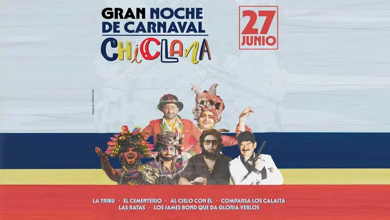 Cartel del evento en Chiclana en tonos grises, azules, amarillo y rojo con los participantes del mismo.