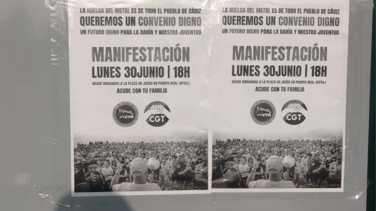 Carteles de la manifestación en favor del metal de este 30 de junio en Puerto Real