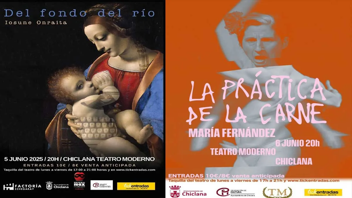 Dos carteles de las obras de teatro, uno en tonos oscuros/negros y otro en anaranjado.