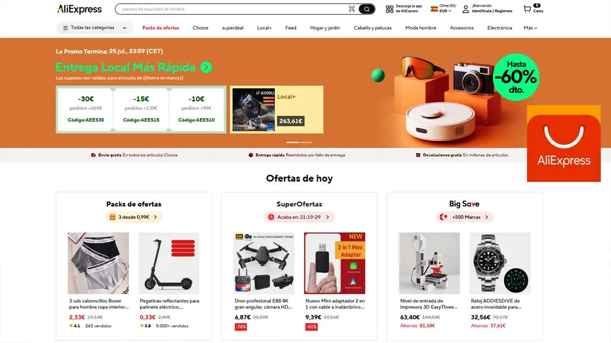 Vista de la web de AliExpress.