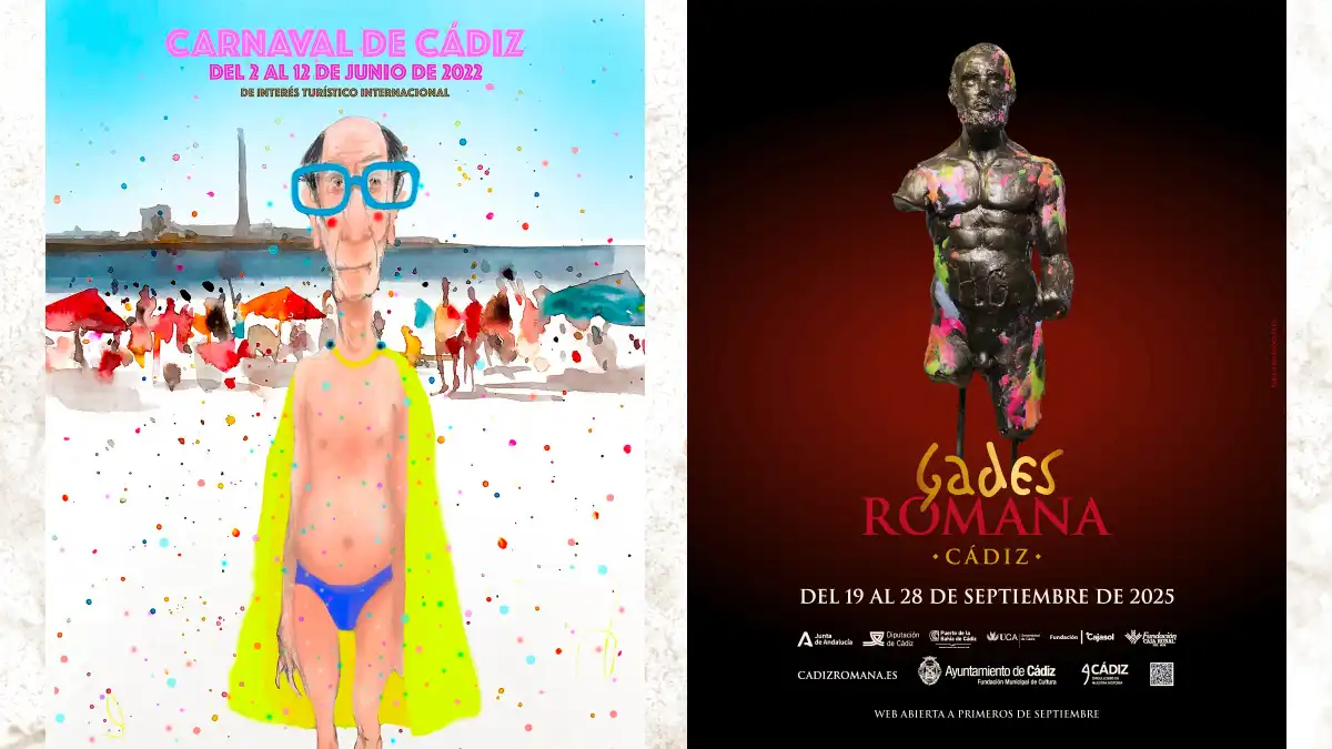 Montaje comparativo de dos carteles verticales: a la izquierda, el cartel del Carnaval de Cádiz 2022 con un bañista en La Caleta bajo papelillos; a la derecha, el cartel de Cádiz Romana 2025 con una figura de Hércules en tonos oscuros y solemnes. Ambos firmados por el artista Pablo Fernández-Pujol.