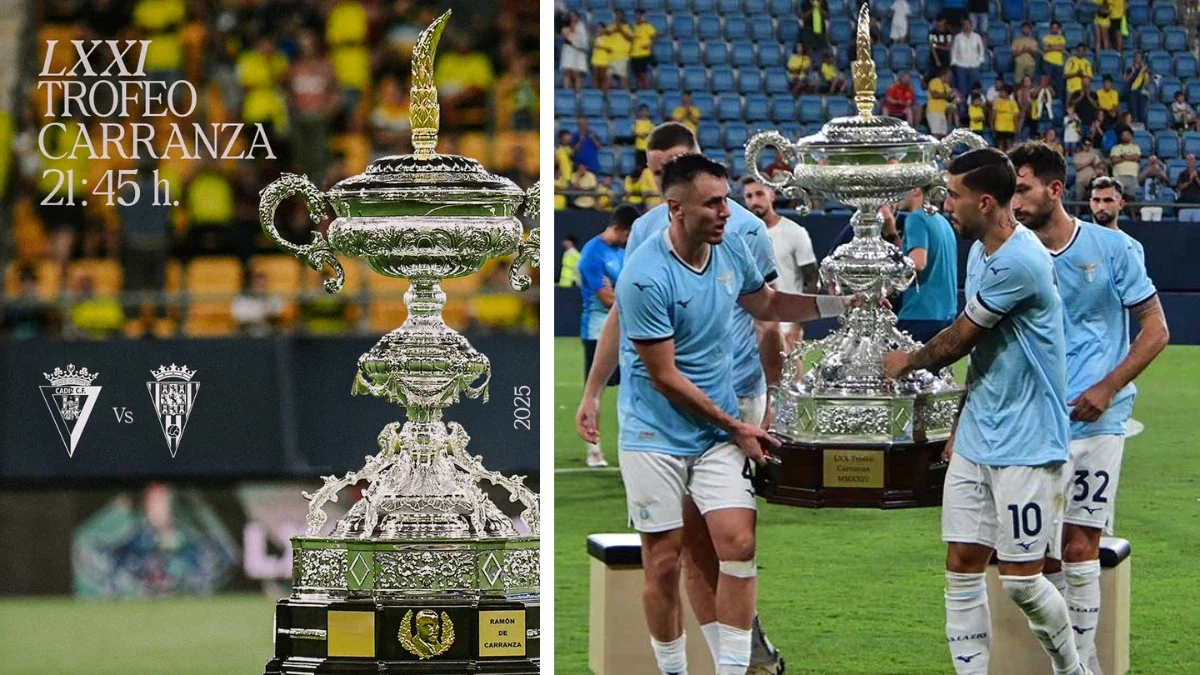 Cartel anunciador del horario del Trofeo y la Lazio levantando el trofeo de 2024