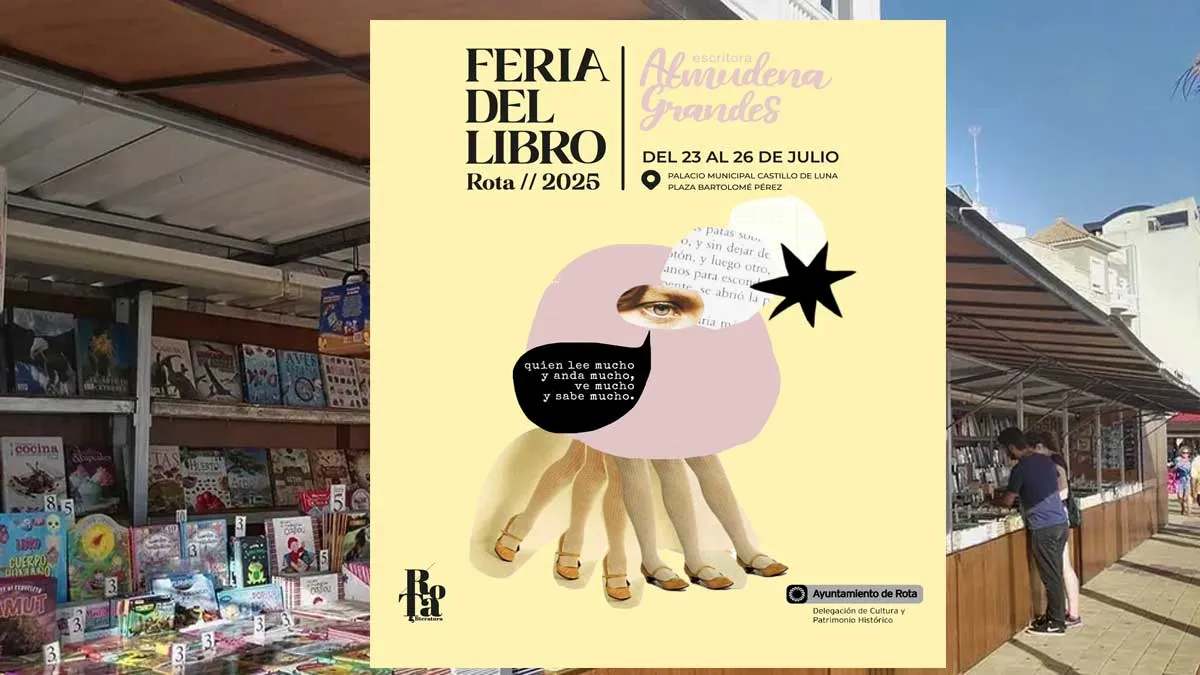 Cartel en color amarillo de la Feria del Libro de Rota y tras el mismo casetas con libros.