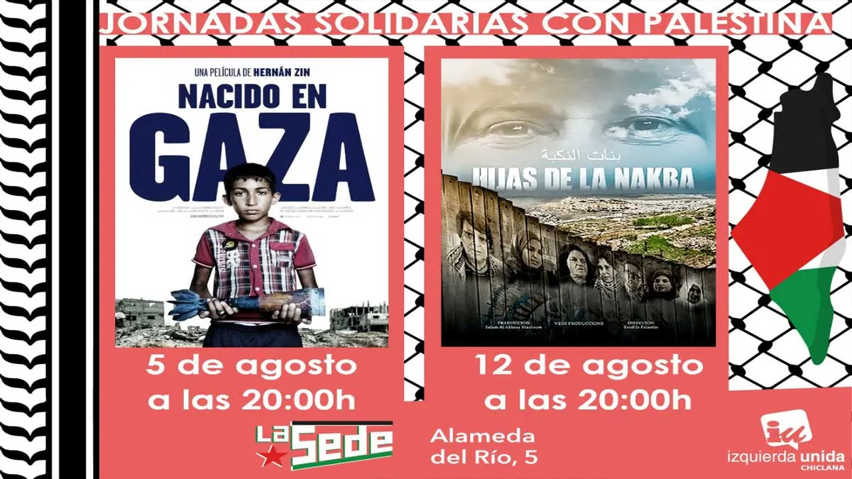 Cartel, en tonos rojizos y con imágenes de Gaza, de las "Jornadas Solidarias de Palestina".