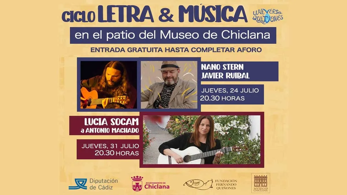 Cartel del evento "Letra&Música" en Chiclana con destacada presencia de Javier Ruibal y Nano Stern así como Lucía Socam.