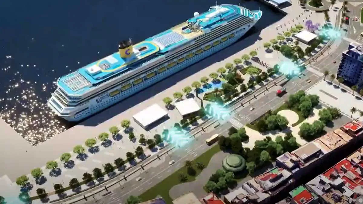 Idealización del Muelle Reina Sofía con un barco atracado y el paseo con árboles, vista aérea.