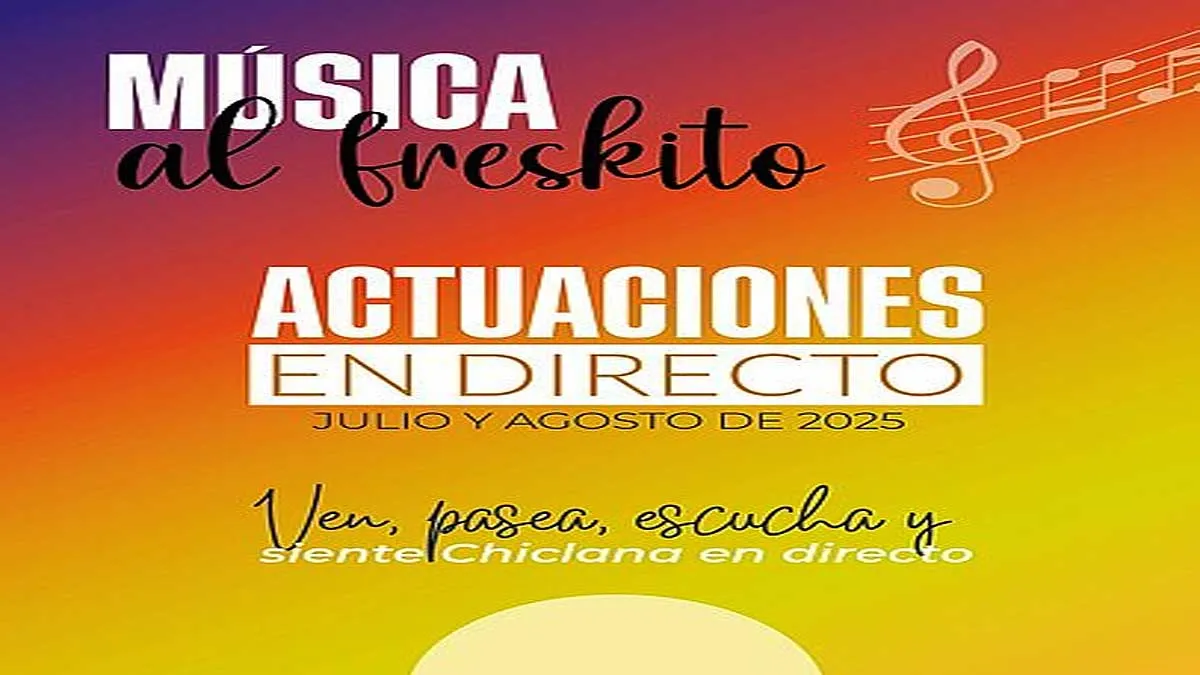 Cartel en tonos cálidos, rojizos, anaranjados y amarillos, de "Música al fresquito" en Chiclana.