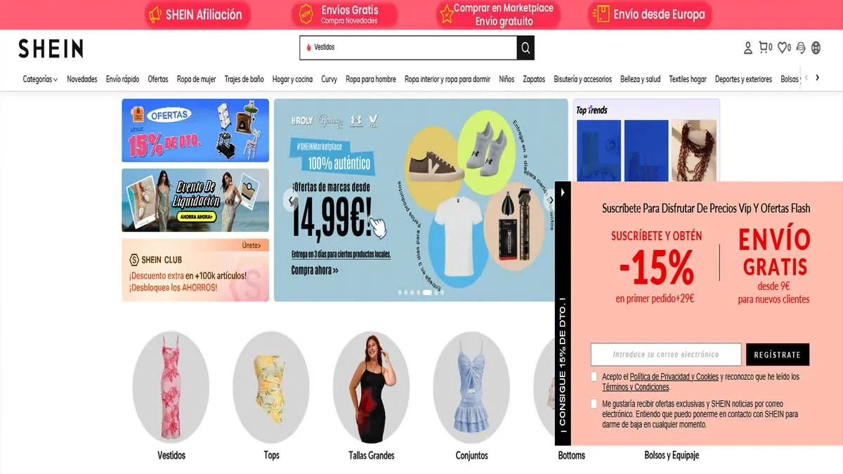 Página web de Shein con diferentes productos y promociones.