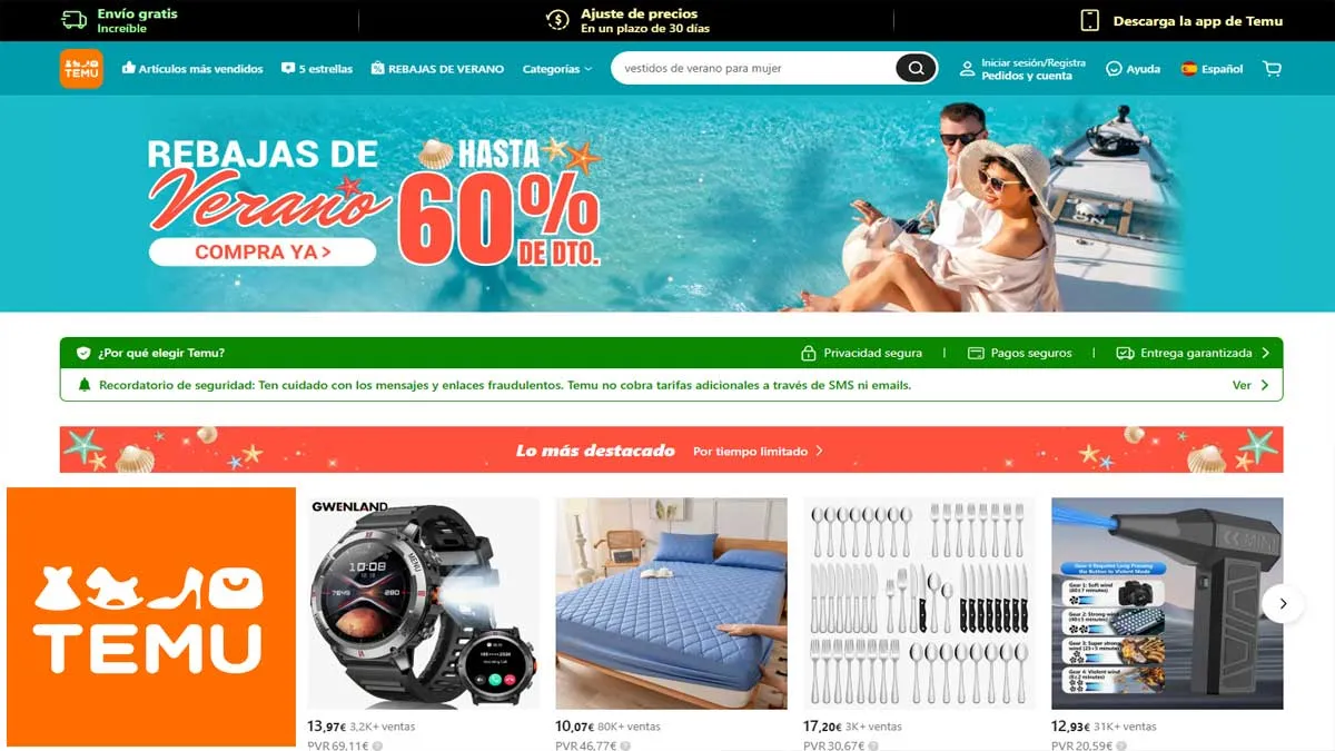 Página web de Temu con muchos colores y carta de productos.