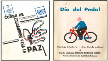 Diferentes carteles, uno del día del pedal con el dibujo de un chico en bicicleta o del día de la Paz.