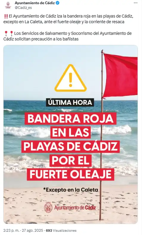 El Ayuntamiento de Cádiz iza la bandera roja y prohíbe el baño en todas las playas salvo en La Caleta