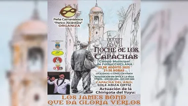 Cartel dibujado en el que se anuncia la Noche de los Capachas en Chiclana, en tonos pastel muy suaves.