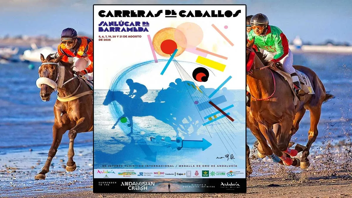 Cartel de las Carreras de Caballos en Sanlúcar y de fondo corriendo los caballos.