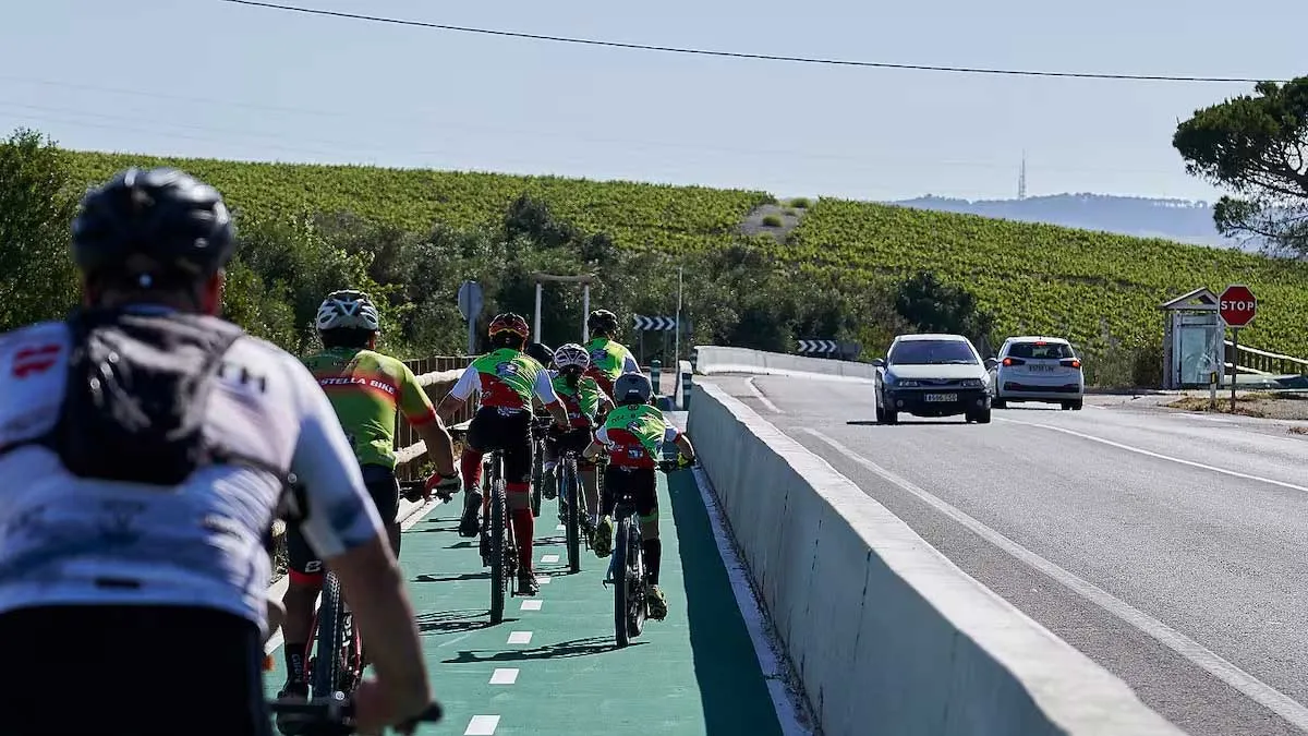 Ciclista por el carril bici pintado en verde, la autopista a la derecha con coches.