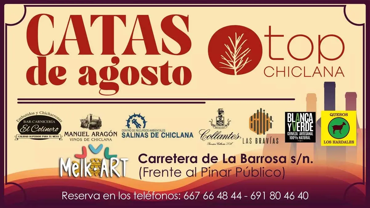 Cartel en tonos anaranjados con letras rojas de las "Catas de agosto" en Chiclana.
