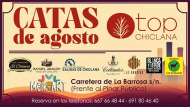 Cartel en tonos anaranjados con letras rojas de las "Catas de agosto" en Chiclana.