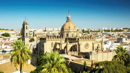 Fotografía tomada desde un punto elevado de Jerez de la Frontera en la que se aprecia una panorámica de la ciudad. En el centro de la imagen destaca la catedral, con su cúpula y torre, rodeada por el entramado urbano. El cielo aparece despejado y luminoso, reflejando la jornada de calor extremo.