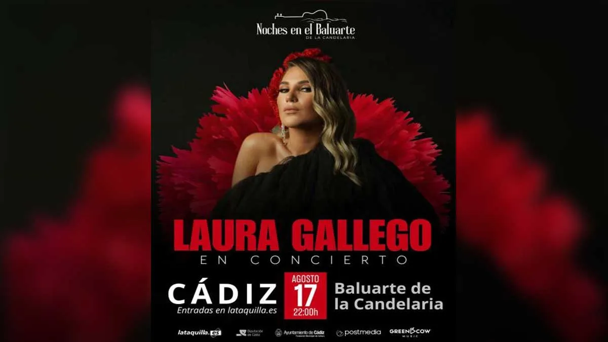 Cartel del concierto de Laura Gallego en el Baluarte, predominan los tonos negros y rojos.