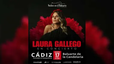 Cartel del concierto de Laura Gallego en el Baluarte, predominan los tonos negros y rojos.