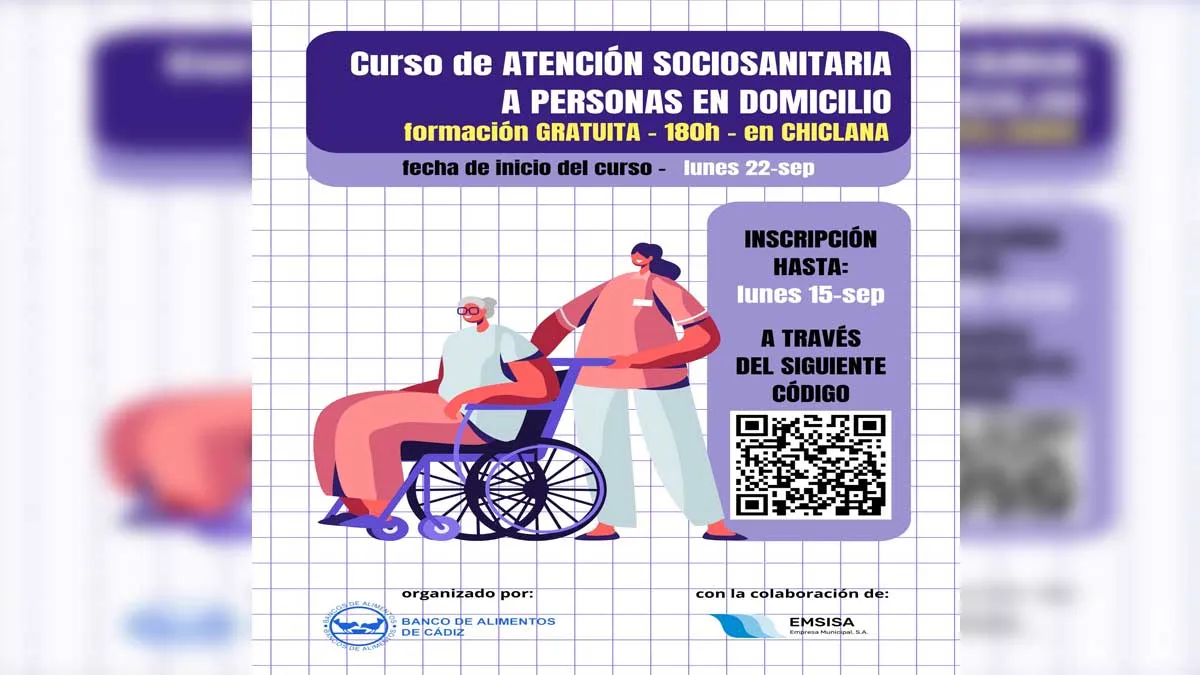 Cartel en blanco y azul del curso de Atención Sociosanitaria a Personas en Domicilio