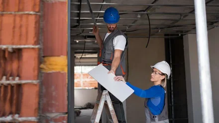 Dos trabajadores, chico y chica, en tareas de reforma de un edificio.