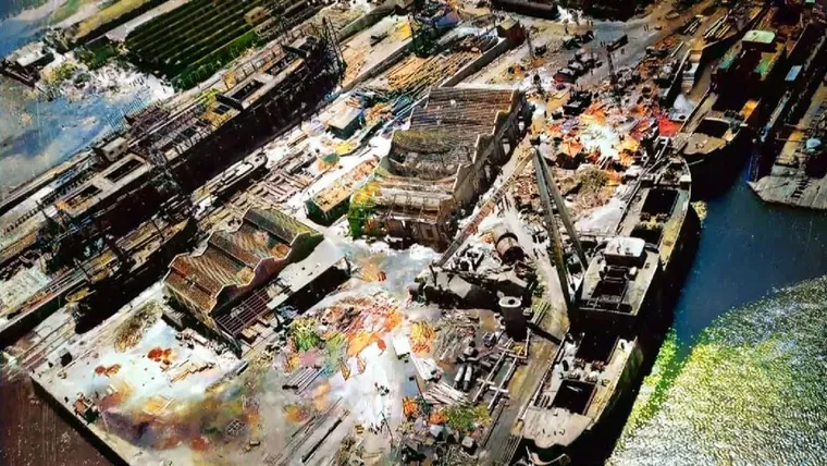 Zona del puerto de Cádiz, con barcos y estructuras afectadas o derruidas por la explosión.