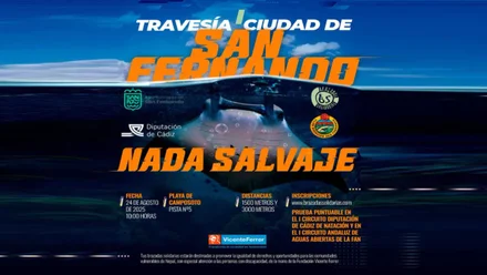 Cartel en tonos azules de la primera travesía a nado de San Fernando.