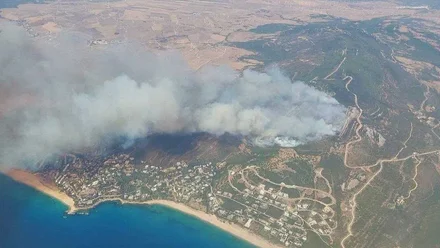 Gran columna de humo del incendio de Tarifa, es una vista aérea, también se distingue el mar.