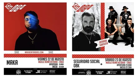 Cartel con la actuaciones propuestas, con predominio del rojo y blanco, con Maka (izquierda); OBK y Seguridad Social (derecha).