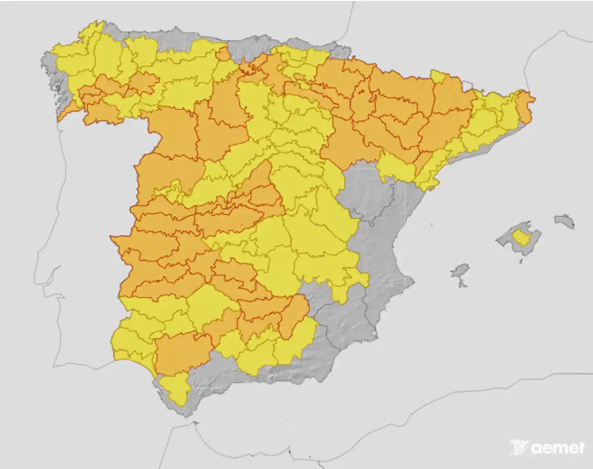 Mapa de avisos en Península y Baleares este 10 de agosto.