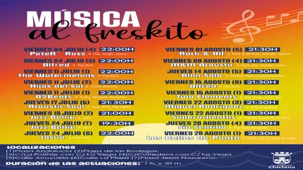 Cartel en tonos amarillo y anaranjado con la programación de "Música al Fresquito".
