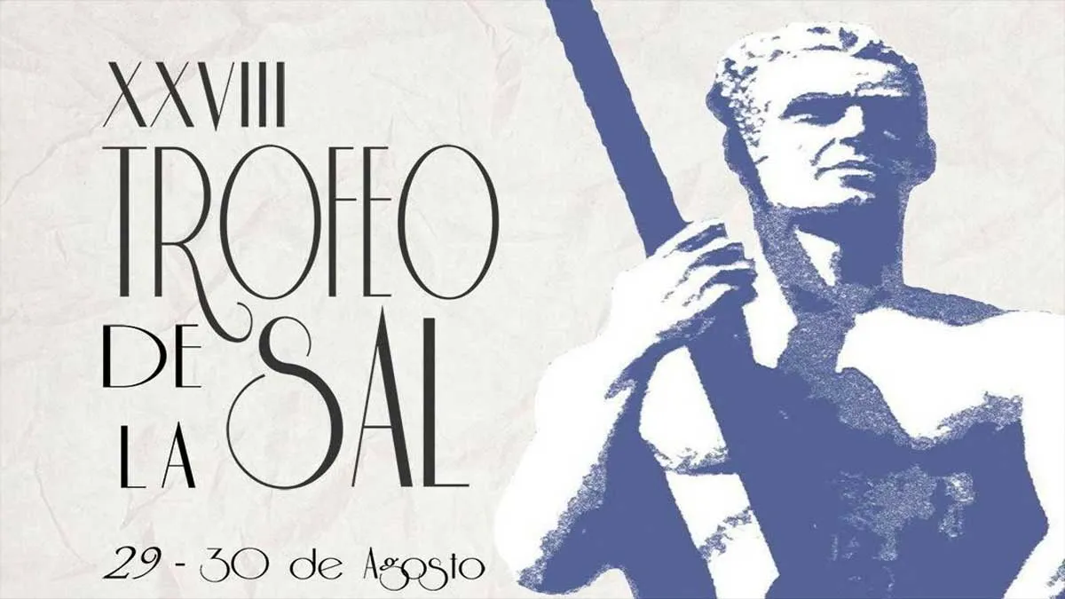 Cartel del trofeo futbolístico en San Fernando, donde un hombre sostiene un mástil, destacan los colores blanco y azul.