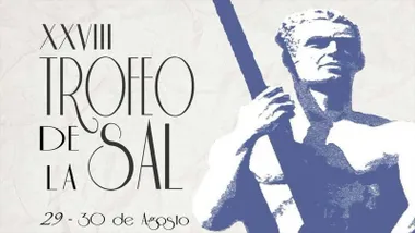 Cartel del trofeo futbolístico en San Fernando, donde un hombre sostiene un mástil, destacan los colores blanco y azul.