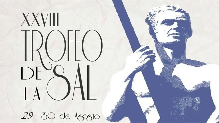 Cartel del trofeo futbolístico en San Fernando, donde un hombre sostiene un mástil, destacan los colores blanco y azul.