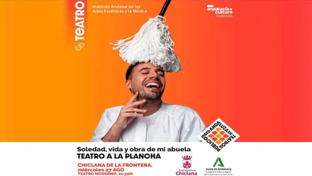El actor Selu Nieto en un cartel naranja y blanco de la obra "Soledad".