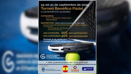 Cartel del torneo benéfico de pádel, en tonos azules y negro, con una pelota en amarillo.