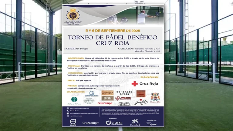 Cartel y tras el mismo las pistas de pádel de Vista Hermosa.